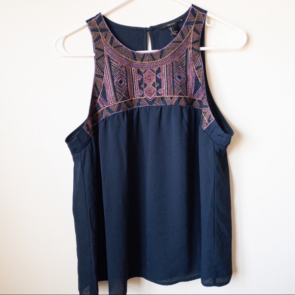 Forever 21 Tribal Design Detail Racerback Tank Size Large Navy/Pink/Brown NWT - Picture 1 of 2